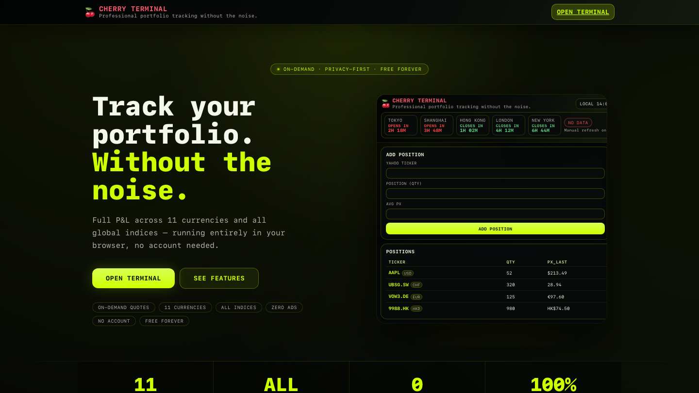 Screenshot of the Cherry Terminal portfolio tracker