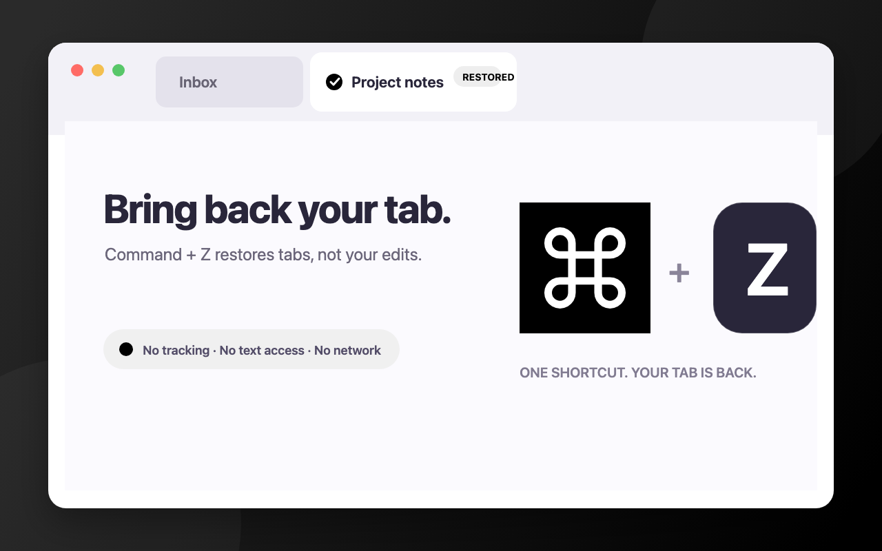 CmdZ promotional graphic showing a recently closed browser tab restored with Command+Z